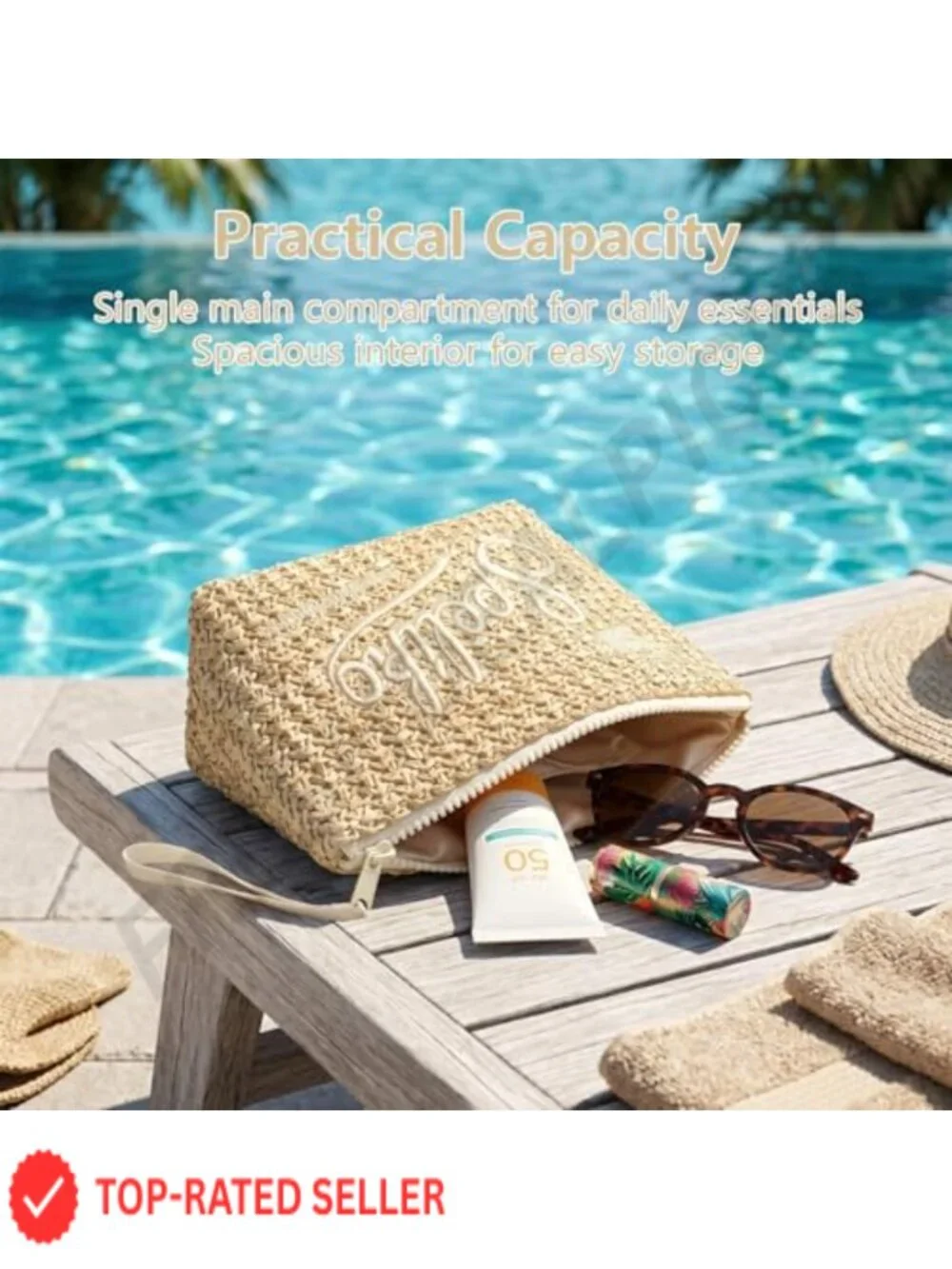Handwoven Straw Cosmetic Bag with Wrist Strap